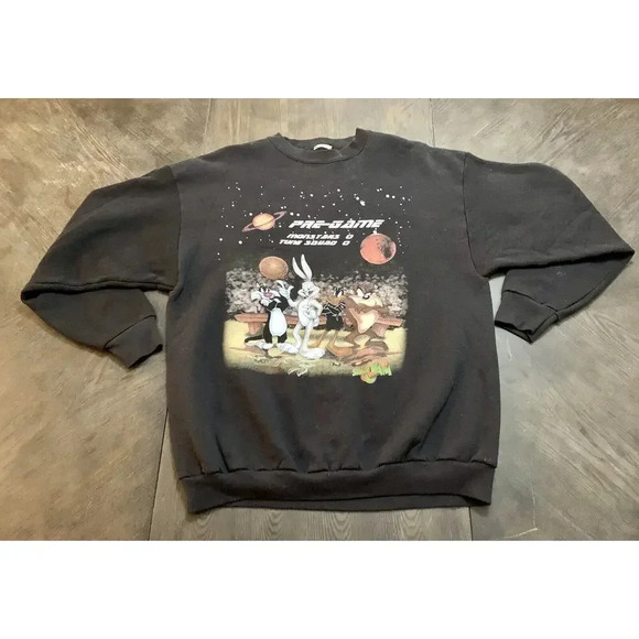 Vtg 1996 Space Jam Warner Brothers Black Sweatshirt Crew Neck Basketball Sz Med? - Picture 1 of 8